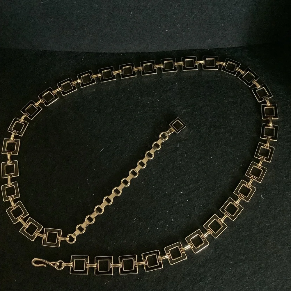 Vintage black enamel gold tone belt chain.